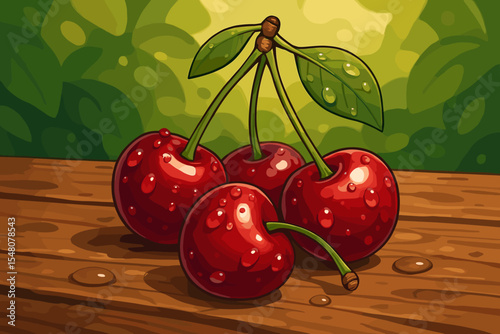 Fresh juicy cherries with glistening water droplets, vibrant red fruit, green leaves, rustic wooden table, summer harvest, realistic vector cartoon illustration for delicious food and nature concepts