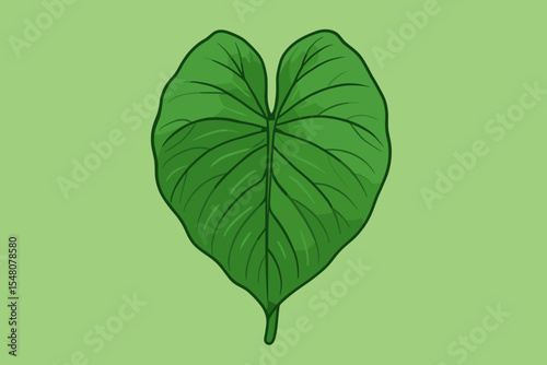 Vibrant Green Colocasia Leaf Illustration. Heart Shaped Botanical Design. Tropical Taro Foliage Texture. Lush Nature Vector Artwork. Eco Natural Background. Decorative Plant Element