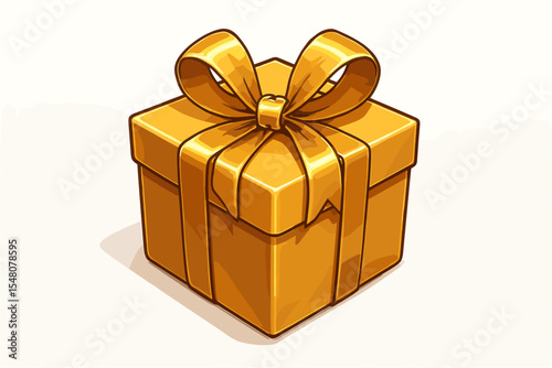 Shiny gold gift box with elegant bow and ribbon. Luxury present package on white background. Festive wrapping, holiday surprise, cartoon vector illustration. Birthday, Christmas, celebration concept