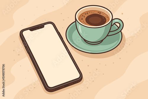 Modern Smartphone and Vintage Pastel Coffee Cup on Beige Table. Cozy Morning Workspace. Flat Lay Vector Illustration. Minimalist Cafe Break. Blank Phone Screen for Mockup Design Concepts