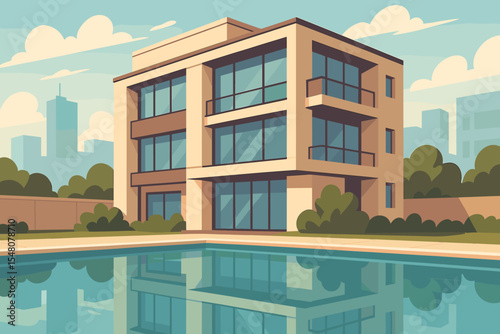 Contemporary apartment building with large windows reflecting in tranquil swimming pool, urban cityscape background, lush greenery, modern residential architecture, vector illustration