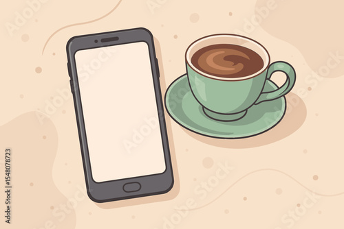 Modern smartphone blank screen and vintage pastel coffee cup flat lay. Cozy workspace morning routine. Vector cartoon illustration. Relaxation, digital lifestyle, cafe background, social media concept
