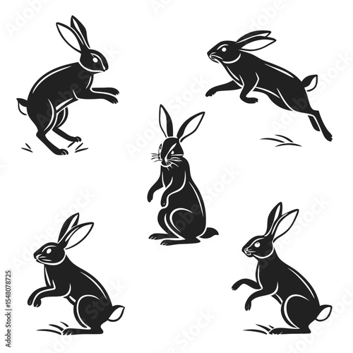 Five Black Silhouette Rabbits Various Poses bunny hare