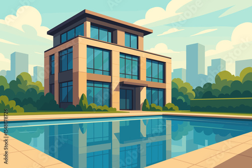 Contemporary glass building with large windows reflected in tranquil swimming pool, modern urban cityscape, landscaped greenery, blue sky, luxury real estate vector illustration