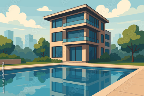 Modern luxury apartment building with large glass windows reflecting in tranquil swimming pool, urban cityscape background, lush green park, contemporary architecture, vector cartoon illustration