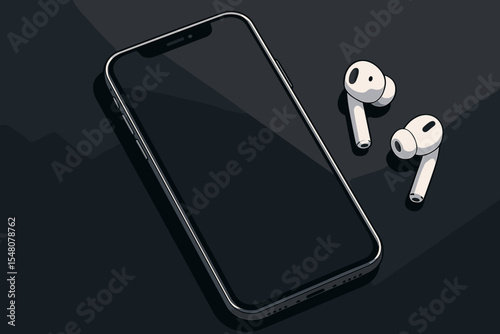 Modern smartphone and wireless earbuds on dark sleek surface. Minimalist technology vector illustration. Mobile device, earphones, connectivity concept. Black background, digital communication