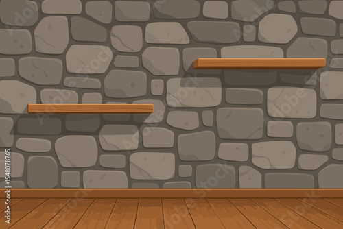 Cartoon modern stone brick wall with wooden floor and floating shelves. Interior room background. Realistic home decor, architecture backdrop. Empty space, vector illustration, editable template