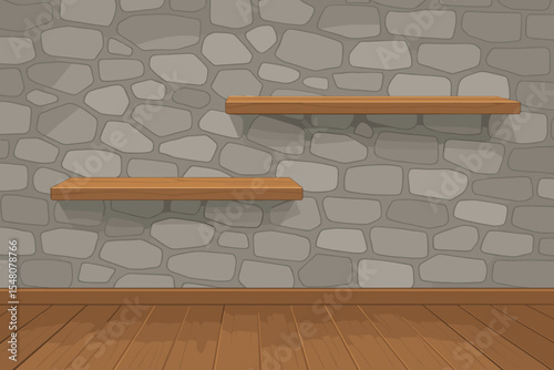 Contemporary interior design with modern stone texture wall, wooden floor, and floating wooden shelves. Vector cartoon illustration of stylish empty room background for home, office, or cafe decor