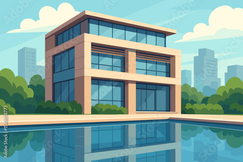 Contemporary glass modern building with large windows reflected in calm swimming pool, urban cityscape, lush green trees, minimalist architecture, blue sky, vector illustration