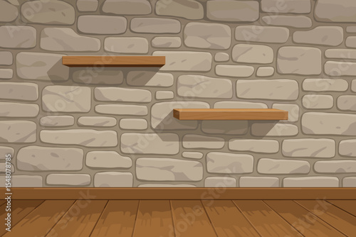 Modern stone brick wall with wooden floating shelves and polished hardwood floor in empty contemporary interior. Cartoon vector illustration for home, living room, background, design, architecture
