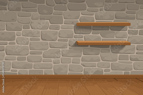 Modern stone wall texture with wooden shelves and floor, stylish contemporary interior background, empty room vector illustration, minimalist home decor, living space design elements