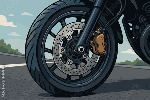 Detailed close-up of motorcycle front wheel with disc brake on asphalt road, vector cartoon illustration, motorbike tire, rim, brake caliper, street riding concept