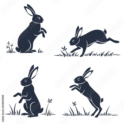 Four Dark Blue Rabbits in Grass Silhouettes hare hares