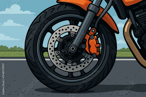 Detailed motorcycle front wheel with disc brake system close-up on asphalt road, vector cartoon illustration. Modern motorbike tire, orange fender, brake caliper, outdoor landscape background