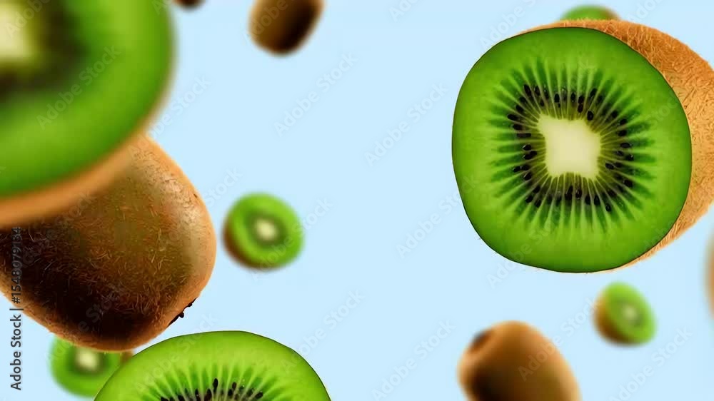 Whole and sliced fresh kiwifruit dynamically floating against a bright, clean, soft blue background with vibrant green flesh