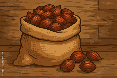 Rustic cartoon vector of palm seeds or cocoa beans in a burlap sack. Agricultural harvest concept on a wooden background. Natural organic food, farm product illustration.