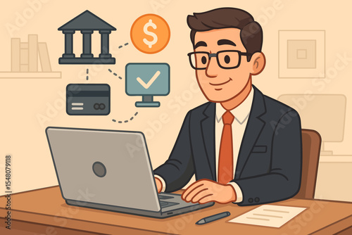 Online banking for business concept. Businessman working on laptop managing finances. Digital transaction, electronic payment with credit card. Fintech and money transfer illustration.