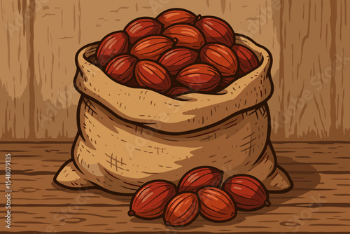 Vector cartoon illustration of a rustic burlap sack full of dry palm seeds or raw cocoa beans. Concept for agriculture, harvest, and natural organic food ingredients on a wood table.
