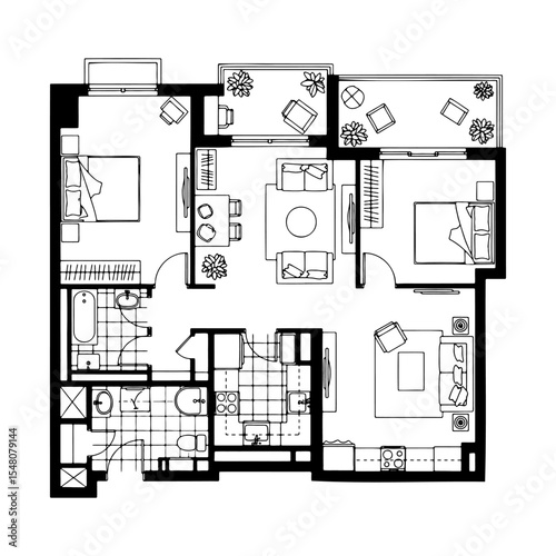 Architectural plan icons of a house in top view. Floor plan with furniture.
