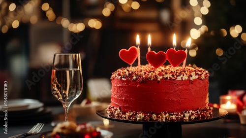 Celebrating a Joyful Birthday Party With a Festive Cake Adorned With Candles and Hearts.