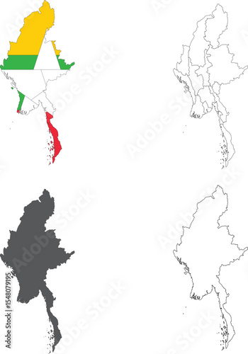 Myanmar Map Vector Set – Political, Outline, Flag and Solid Styles
