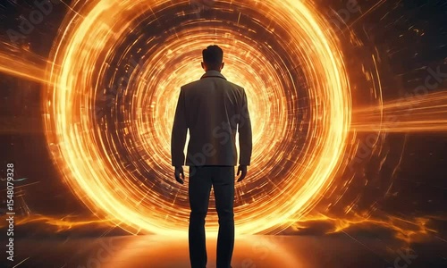 Man Contemplates a Fiery Portal of Energy in an Enigmatic Dark Environment