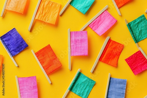 Colorful flags on toothpicks isolated over yellow background. Flat lay composition, top view.