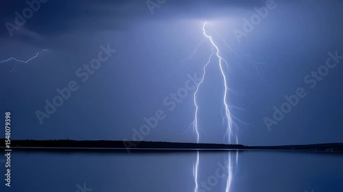 A steady, static shot captures the ethereal beauty of a silent lightning storm, the flashes reflected in an unmoving lake