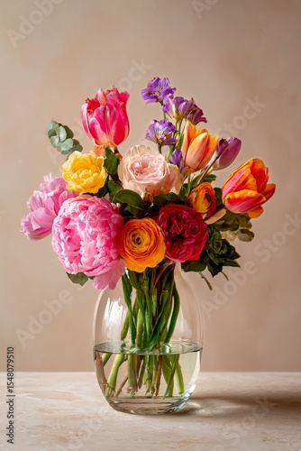 Colorful Bouquet of Fresh Flowers Arranged in a Round Glass Vase on a Neutral Background.