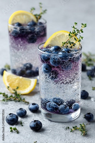 Refreshing Blueberry Lemonade Spritzers With Herbs on a Light Gray Background