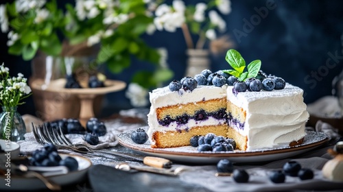 Delicious Blueberry Cake Served on a Rustic Table With Fresh Berries and Decorative Flowers