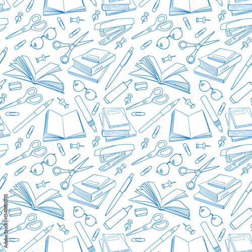 Seamless pattern with open and closed books, pens, pencils and glasses. Vector outline background drawn with doodle elements. For back to school theme, library, wrapping paper, wallpaper.
