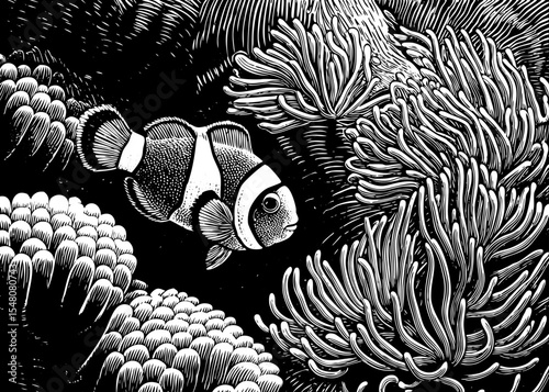 clownfish swimming among sea anemones, a black and white sketch vector