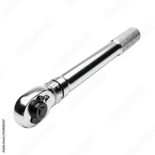 A brand new, pristine chrome-plated steel torque wrench with a clear black knurled handle and numerical scale, isolated on a transparent seamless background with diffused studio lighting, concept of