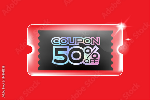 Transparency glass coupon label Discount offer tag with shiny, glossy, reflective surface.