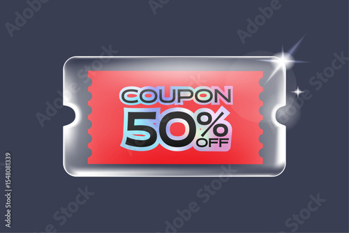 Transparency glass coupon label Discount offer tag with shiny, glossy, reflective surface.