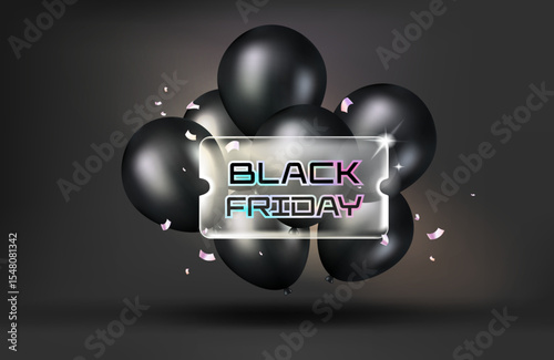 Black friday Transparency glass coupon label background with black balloon.