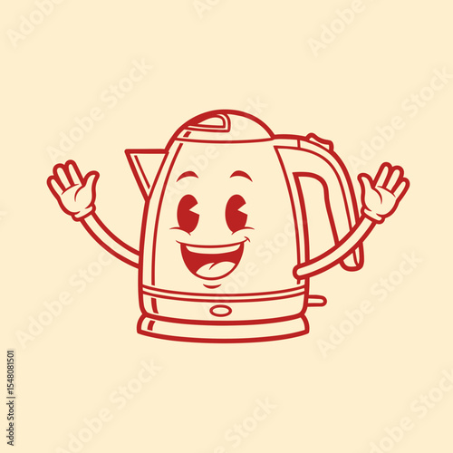 Cheerful Cartoon Kettle Character with Smiling Face and Waving Hands in a Whimsical Kitchen Setting