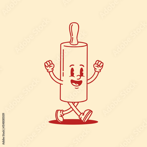 Cheerful Cartoon Rolling Pin Character Happily Walking with Joyful Expression and Energetic Motion