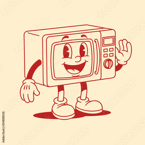 Friendly Cartoon Microwave Waving with a Smile and Humanlike Features in a Retro Style Design