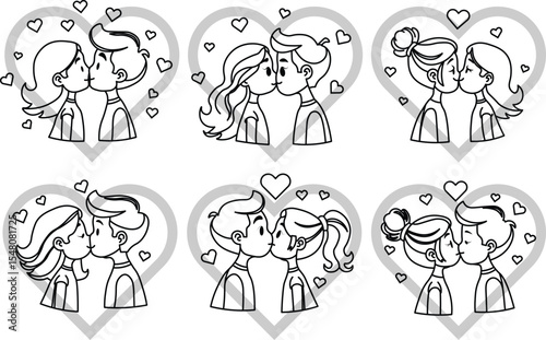 cute cartoon Kissing vector outline with hearts and sparkles around.