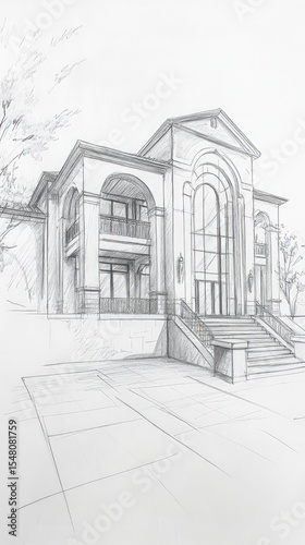 Detailed architectural sketch of a large house.