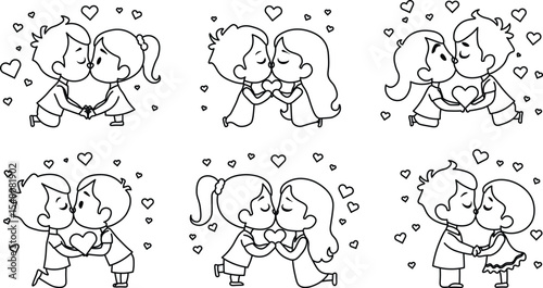 cute cartoon Kissing vector outline with hearts and sparkles around.