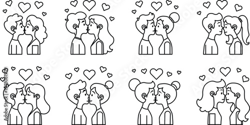 cute cartoon Kissing vector outline with hearts and sparkles around.