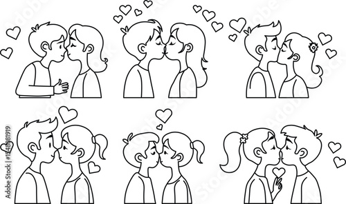 cute cartoon Kissing vector outline with hearts and sparkles around.