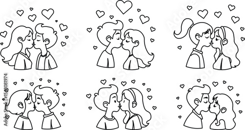 cute cartoon Kissing vector outline with hearts and sparkles around.