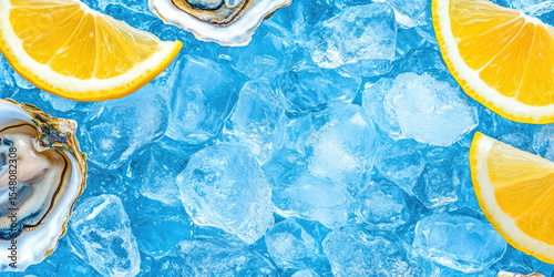 Lemon slices and oysters rest on a bed of ice cubes. Refreshing seafood and citrus concept