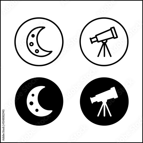 Astronomy icons of moon and telescope in line art and silhouette