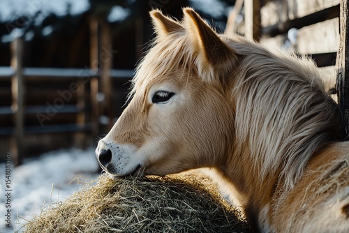 Cows eating hay in their pen on the farm, close-up shot, side view, white background
