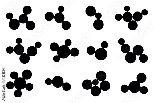 Set of black abstract geometric shape metaballs. Connected figures of liquid molecules. Isolated vector design element.	